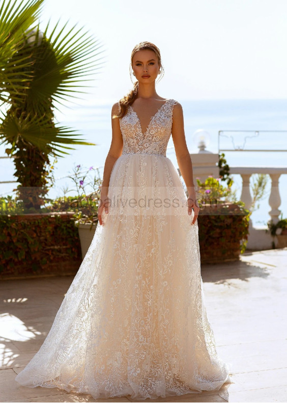 Beaded Ivory Lace Tulle Stunning Wedding Dress